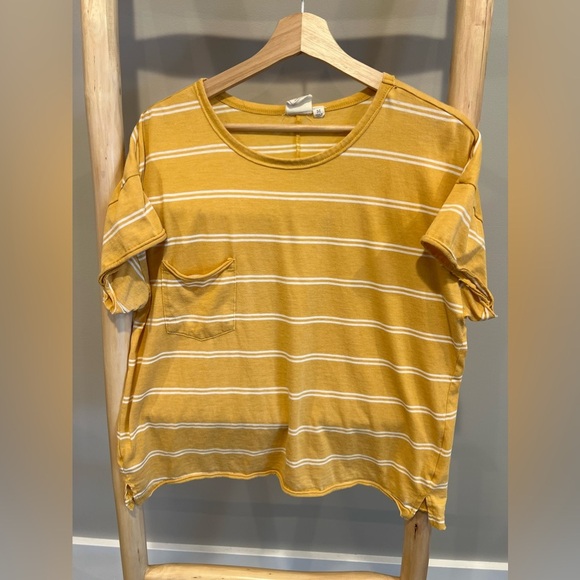 White Crow M Striped Mustard Yellow white oversized T-Shirt rolled hem pocket - Picture 1 of 5